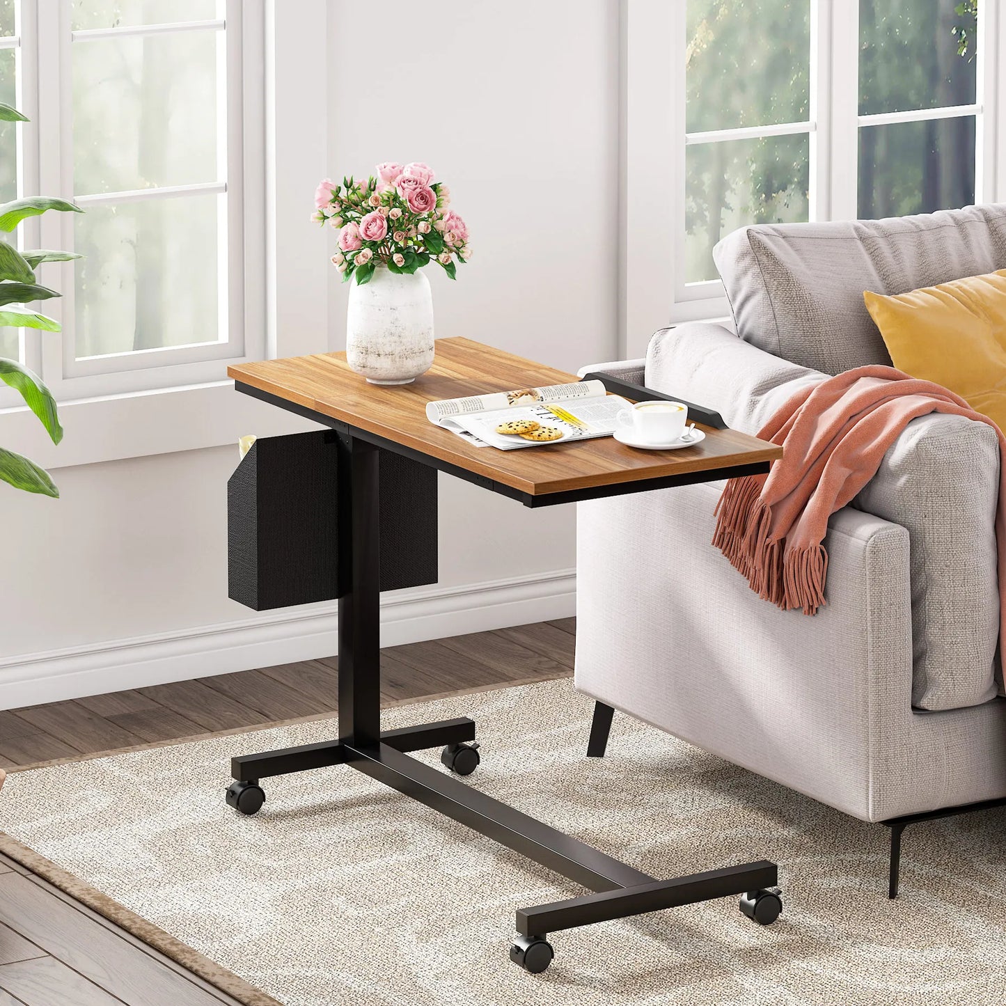 Tribesigns Height Adjustable C Shaped End Table with Wheels and Pocket