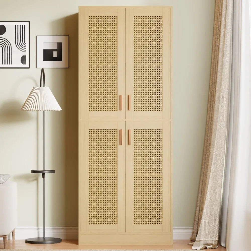 Ljustra 71 Inch Tall Rattan Kitchen Pantry Cabinet with Doors and Shelves