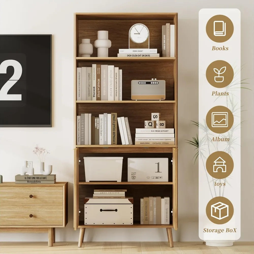Natural Oak Bookshelf 70.9 Inch 5-Tier Bookcase with Fluted Doors