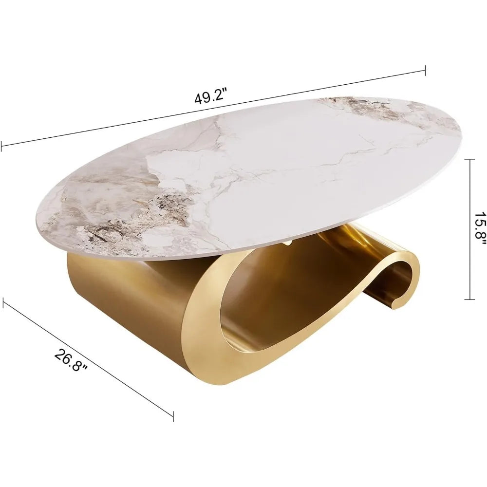 Modern Oval Faux Marble Coffee Table with Gold Metal Base for Living Room