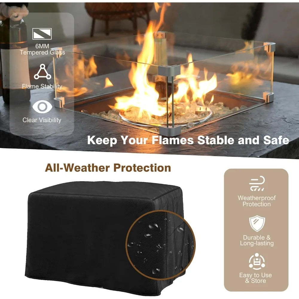4-Piece Propane Fire Pit Table Set with Glass Wind Guard and Cover