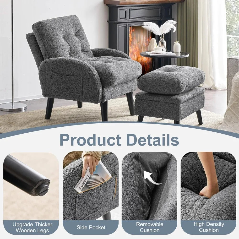 Accent Chair with Ottoman Adjustable Backrest Storage Comfy Armchair
