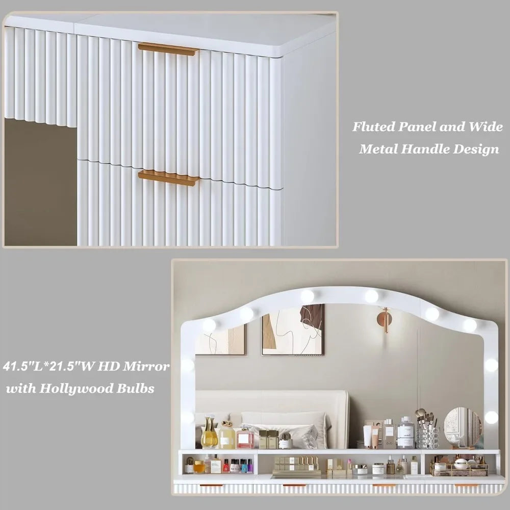 46 Inch Vanity Desk with Large Mirror Lights and 9 Drawers