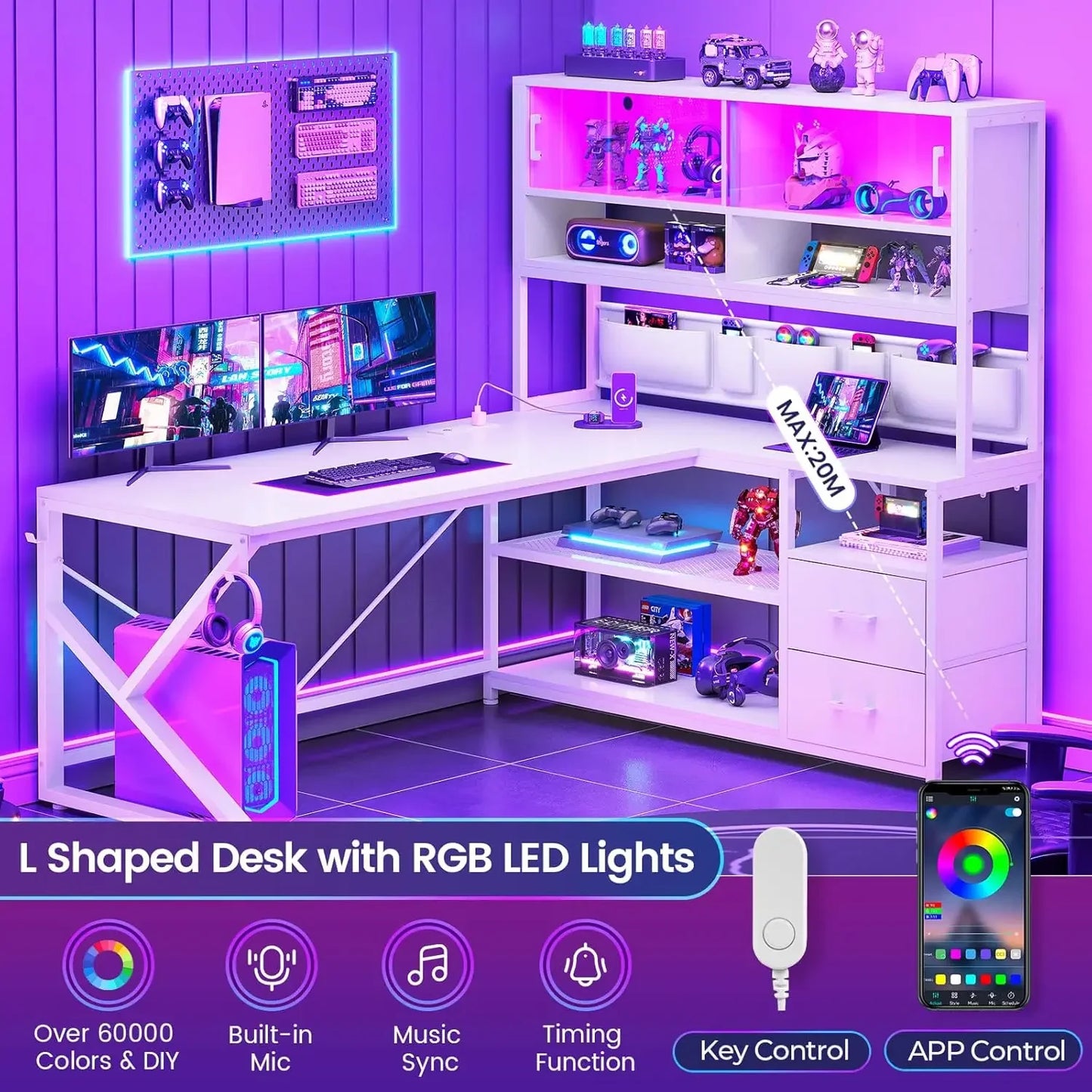 L Shaped Gaming Desk with LED Light 2 Drawers Bookshelf Corner Desk