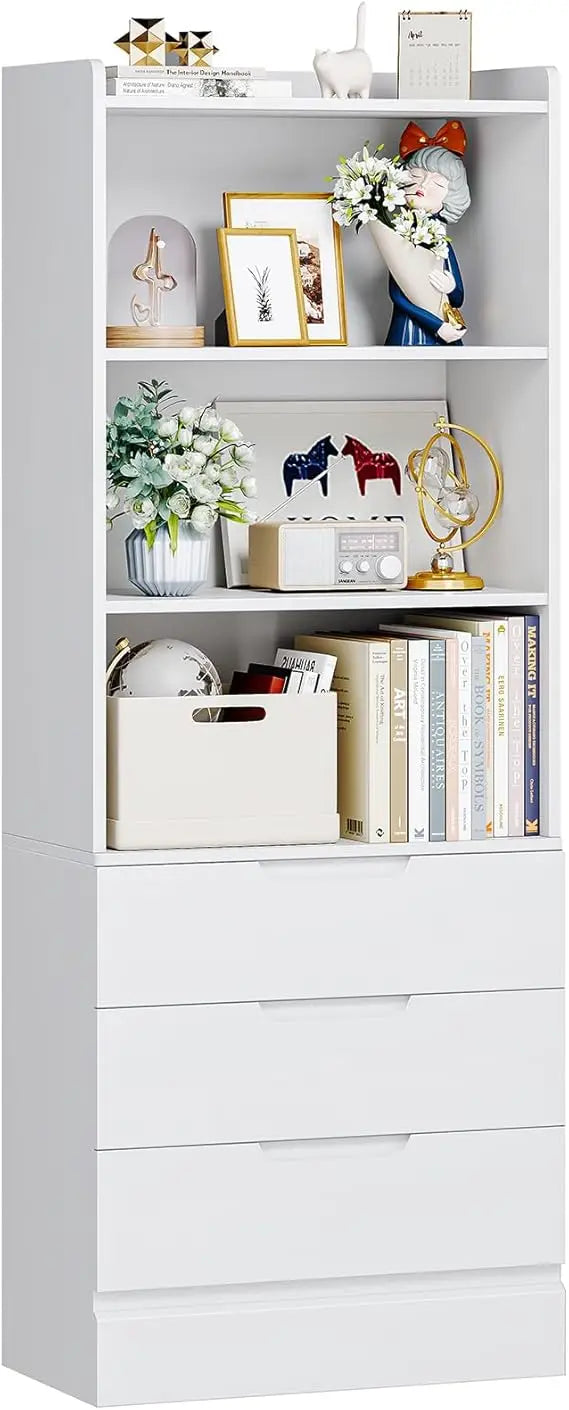 Tall Bookshelf with Drawers Open Shelves Modern White Bookcase