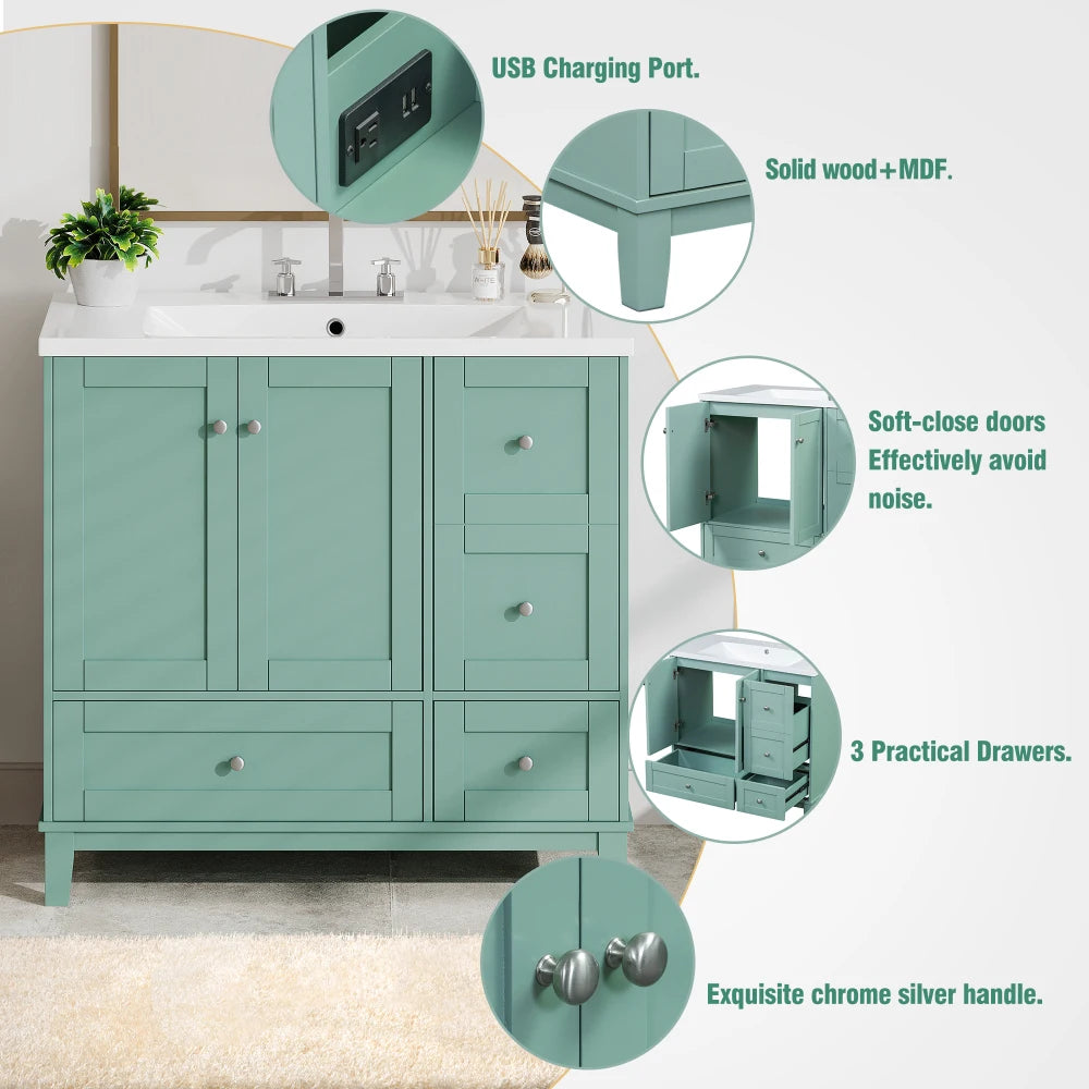 36 Inch Modern Bathroom Vanity with USB Charging and Ample Storage