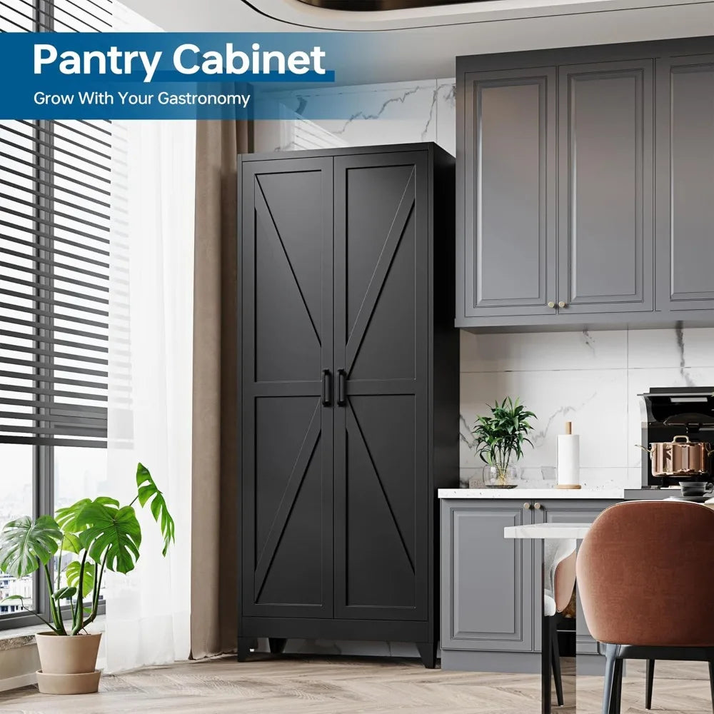 75 Inch Farmhouse Metal Storage Cabinet Adjustable Shelves Pantry Organizer