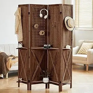 6 Panel Room Divider Wood Folding Privacy Screen with Shelves