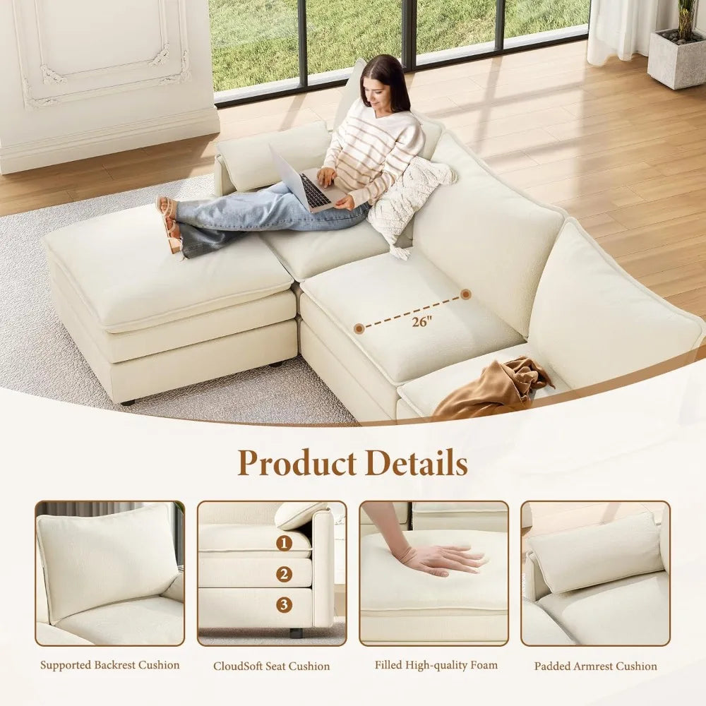 Ljustra 108" Modular Sectional Sofa, Comfy Chenille Cloud Couch, L-Shaped, Beige