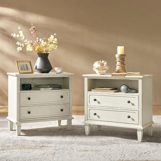 Nightstand Set of 2 with Charging Station Farmhouse End Table Storage