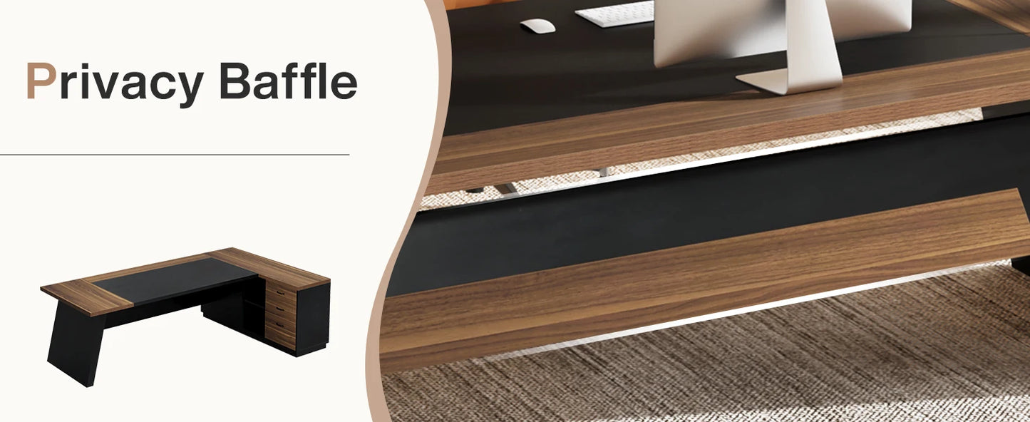 Modern L-Shaped Executive Desk with Drawers and File Cabinet Office