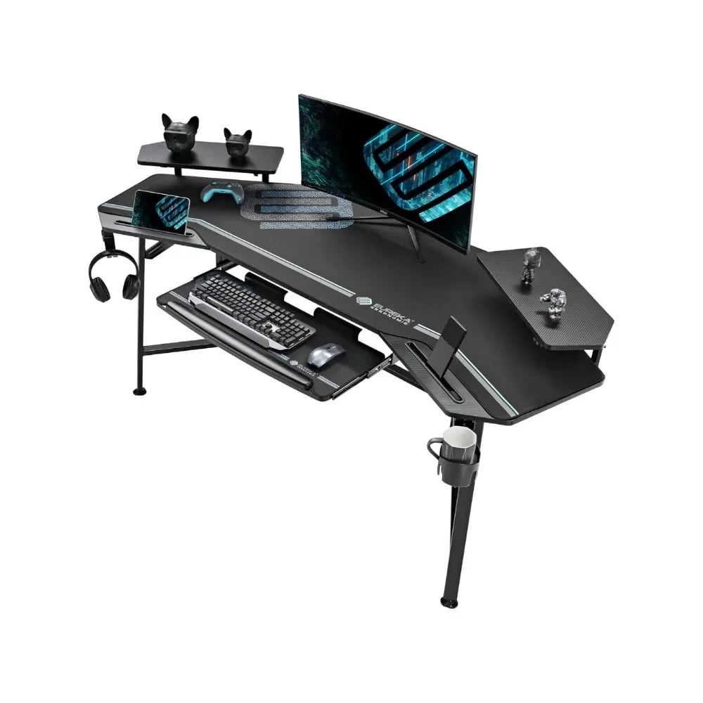 Gaming Desk with LED Lights 72 Inch Wing Shaped Computer Desk with Tray