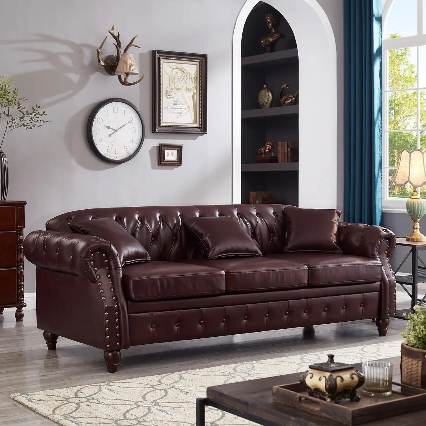 Ljustra 85.8" PU Leather Chesterfield Sofa 3-Seater with Storage & Tufted Design