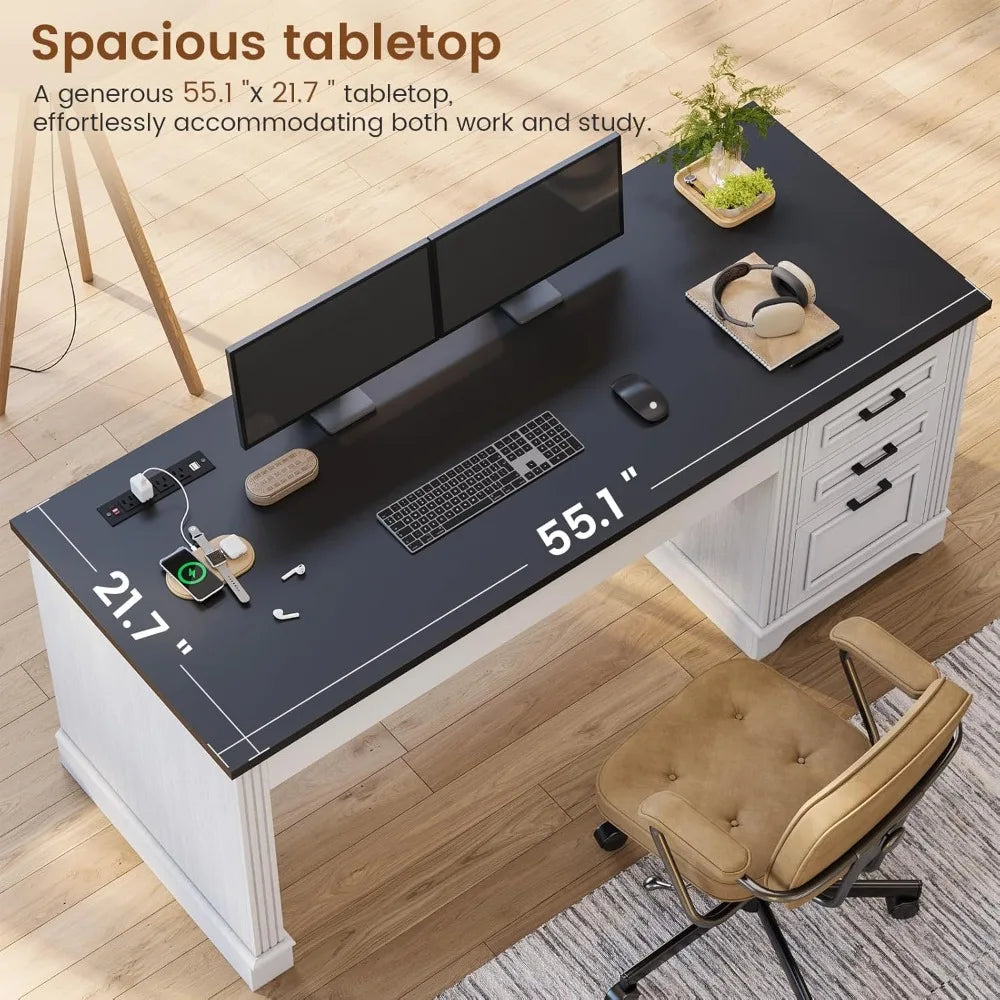 Farmhouse Executive Desk with Storage Drawers and Power Outlet