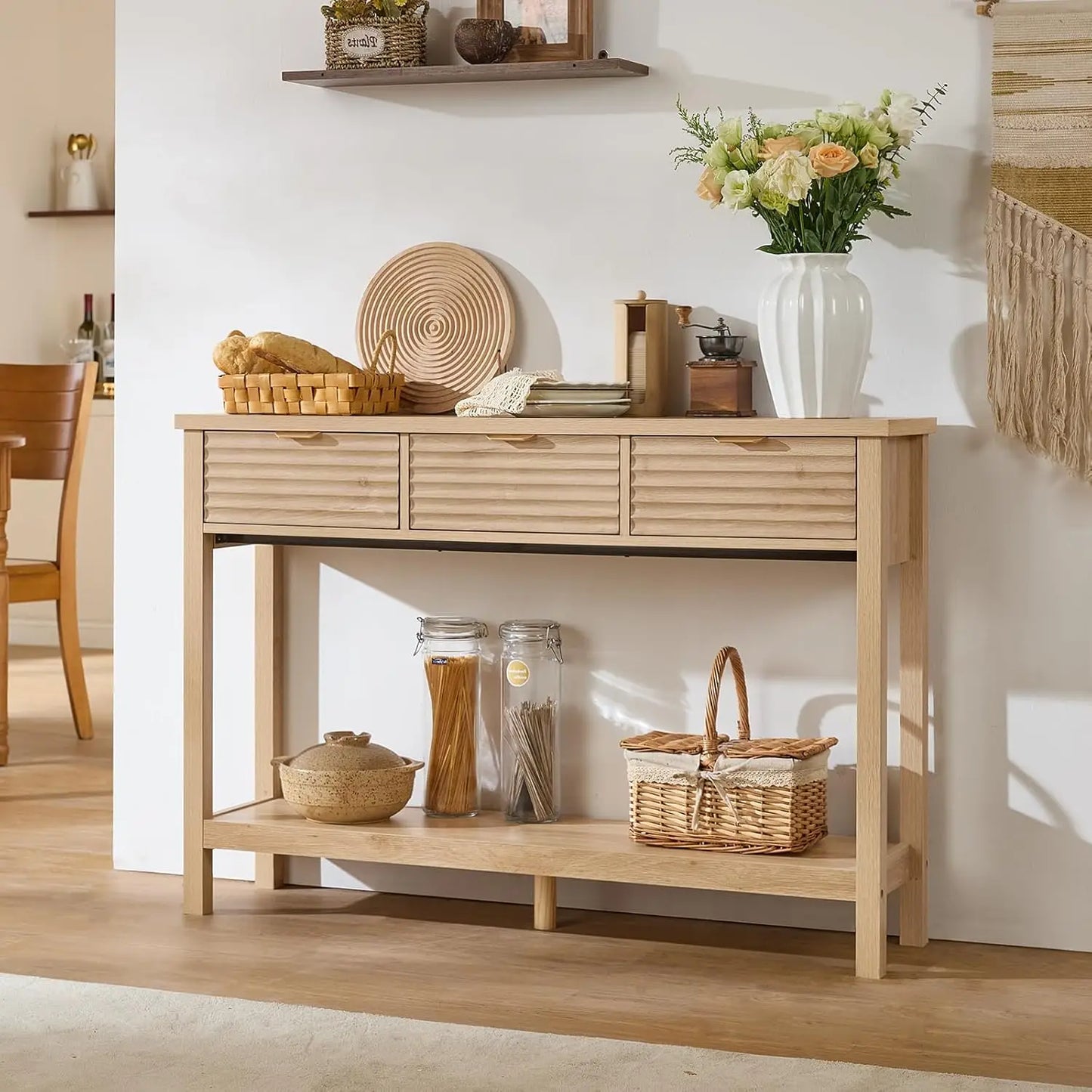 Modern Fluted Console Table 3 Drawers Wood Entryway Storage Shelf