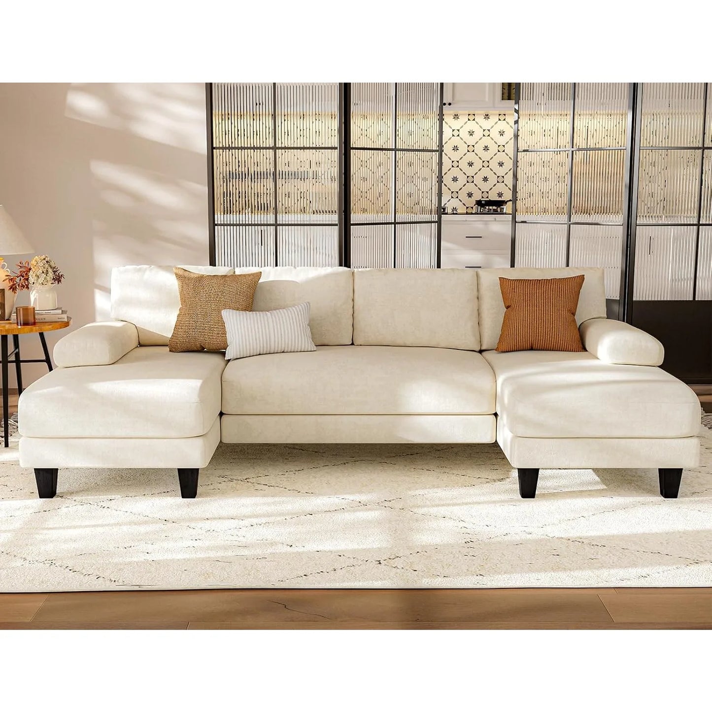 U-Shaped Sectional Sofa 111" w/ Double Chaise, Chenille Couch, Beige, Modular