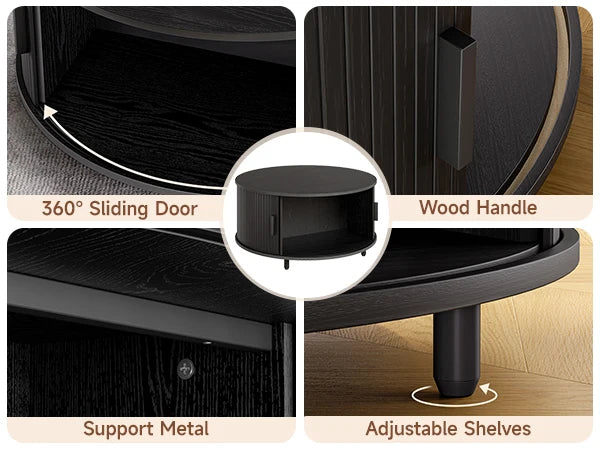 Round Coffee Table with Storage Modern 31.5 Inch Fluted Wood Accent