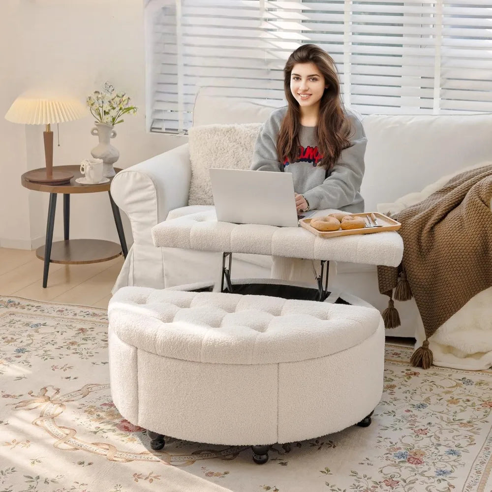 Round Storage Ottoman Coffee Table Upholstered Lift Top Footrest