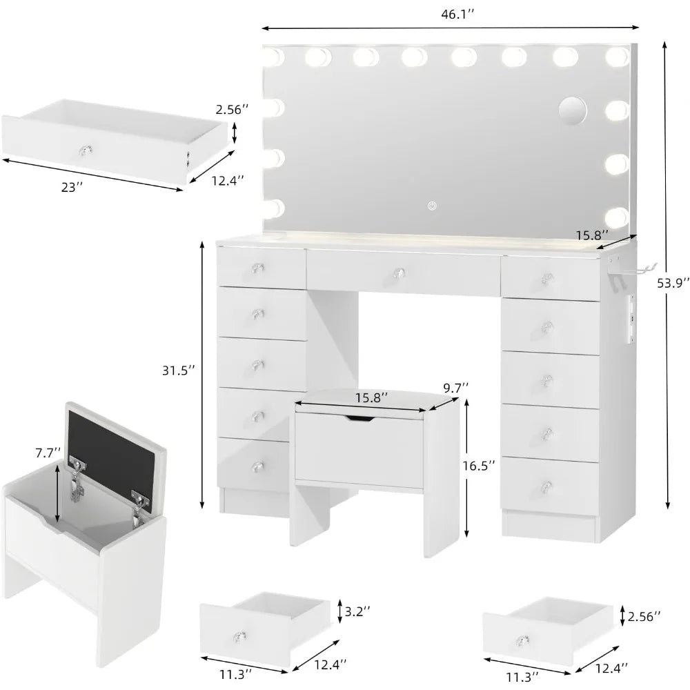 Vanity with Lighted Mirror Adjustable Brightness 11 Drawers Makeup Desk