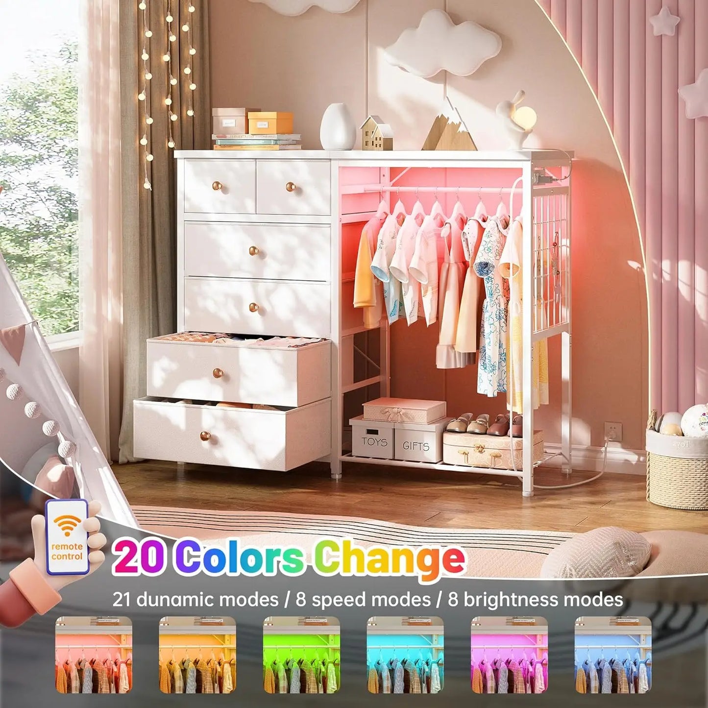 49.2" White Dresser with Hanging Rack 6 Drawers LED Lights Charging Station