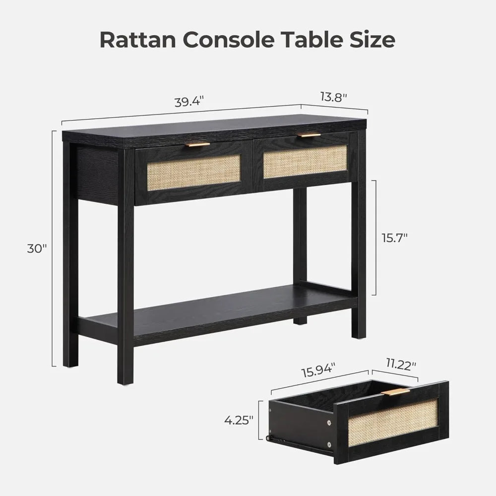 Black Console Table Set of 2 Boho Entryway Table with Rattan Drawers
