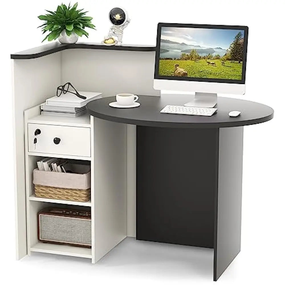 Reception Desk Front Counter Desk with Lockable Drawer and Adjustable Shelf