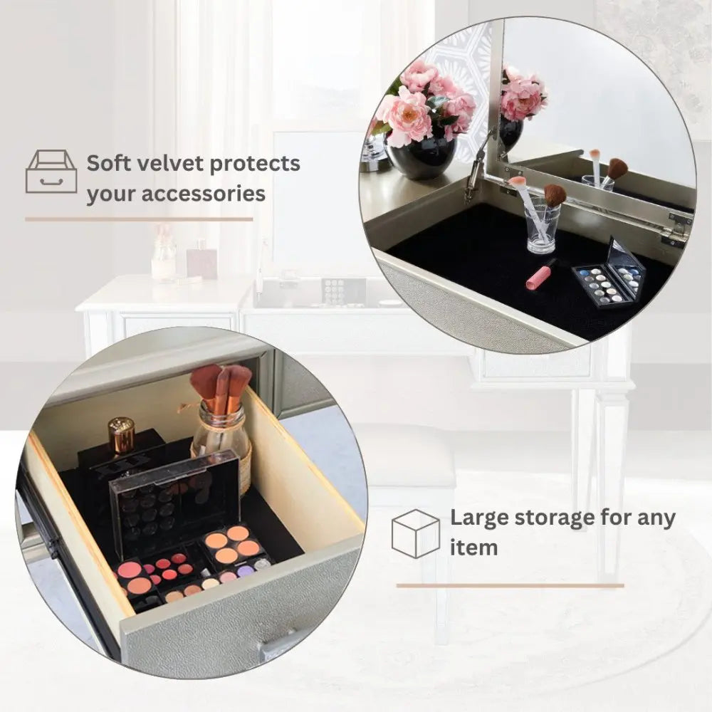 Luxury Mirrored Vanity Desk Set with Stool and Drawer Storage for Bedroom