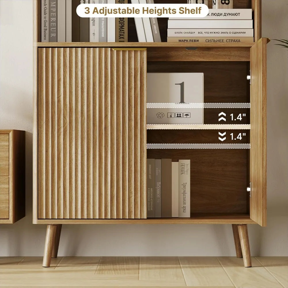 Natural Oak Bookshelf 70.9 Inch 5-Tier Bookcase with Fluted Doors