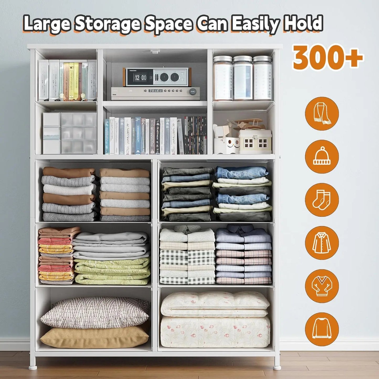 White Dresser Bedroom Organizer Tall Chest with 10 Fabric Drawers