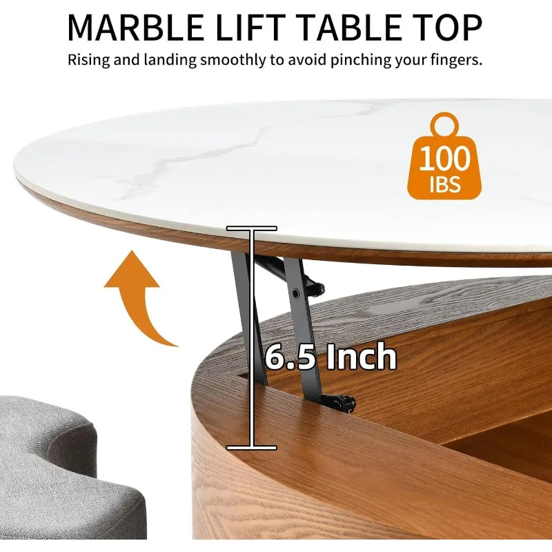 32 Inch Round Slate Coffee Table Set with Storage and 3 Stools