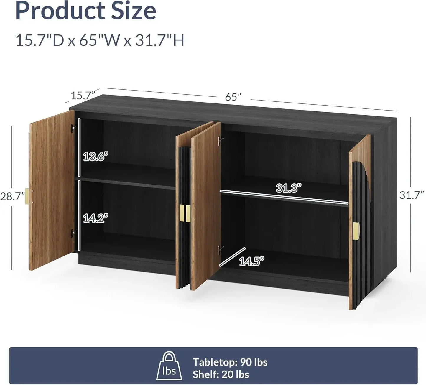 65 Inch Fluted Buffet Cabinet Sideboard Storage Console Table Dining Room