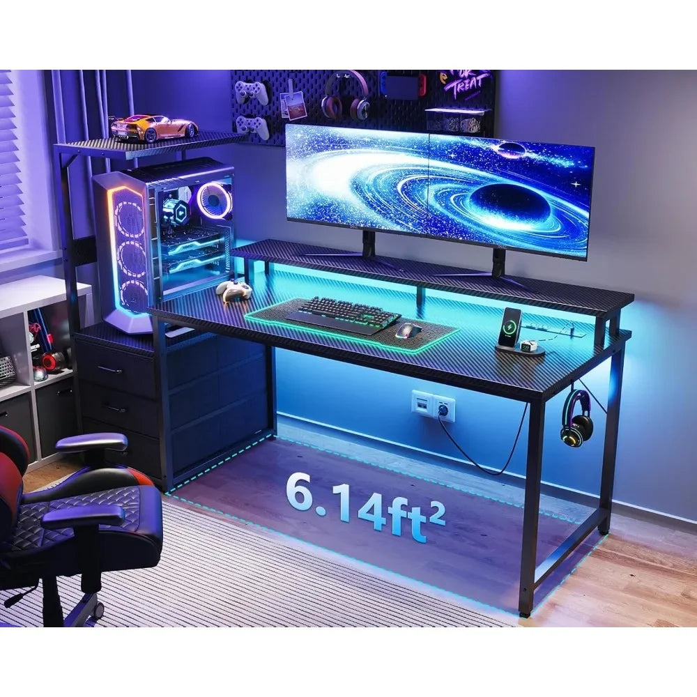 59 Inch Gaming Desk with USB Ports LED Light Reversible Storage Shelves