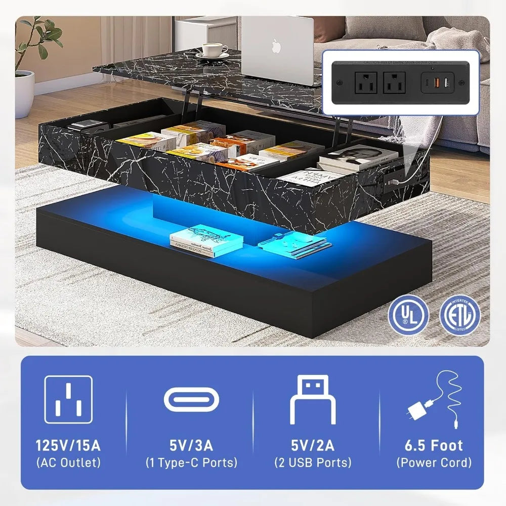 Large Lift Top Coffee Table with Charging Station LED Modern Center Table