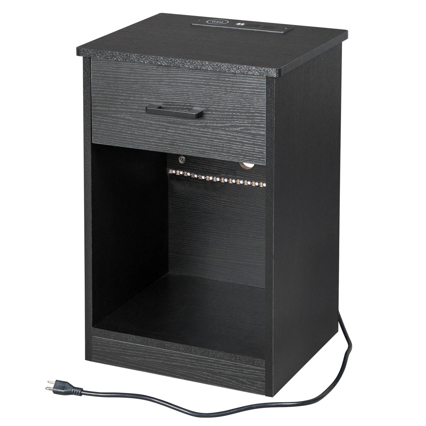 Modern LED Bedside Table with Drawer and USB Charging Black