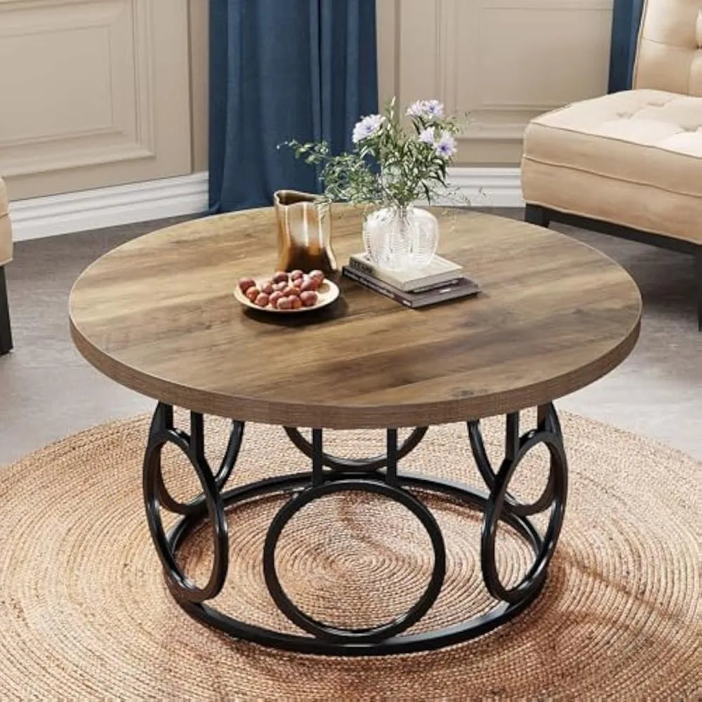 31.5 Inch Round Coffee Table Rustic Modern Accent Furniture Industrial Design