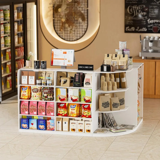 L-Shaped Reception Desk with Drawers and Transparent Display Case
