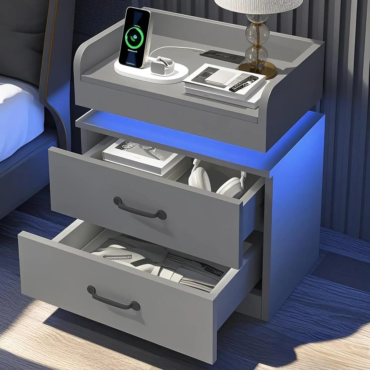 Nightstand with Charging Station LED Lights Modern End Table Set of 2