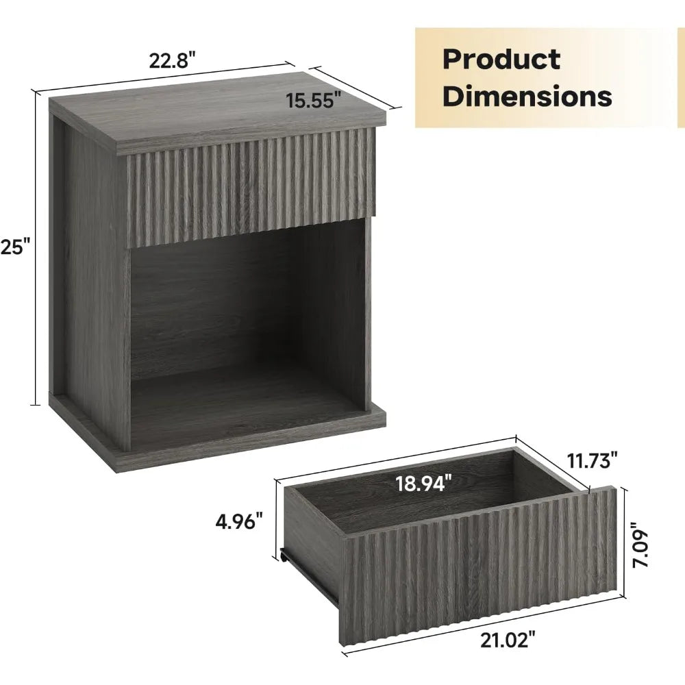 Fluted Nightstand Set of 2 Modern Wood Bedside Tables for Bedroom Storage