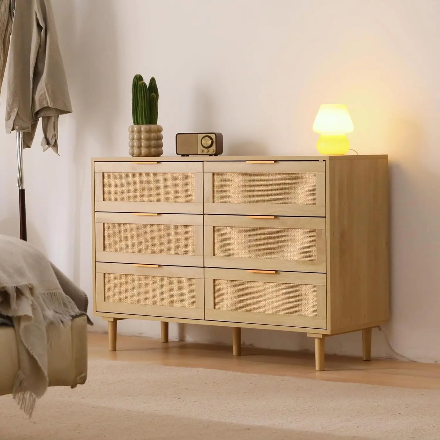 Rattan Dresser Bedroom Storage 6 Drawer Modern Chest with Gold Handles