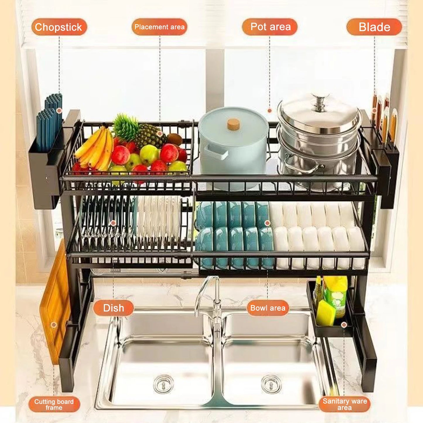 2 Tier Kitchen Storage Shelf Over Sink Adjustable Dish Drying Rack
