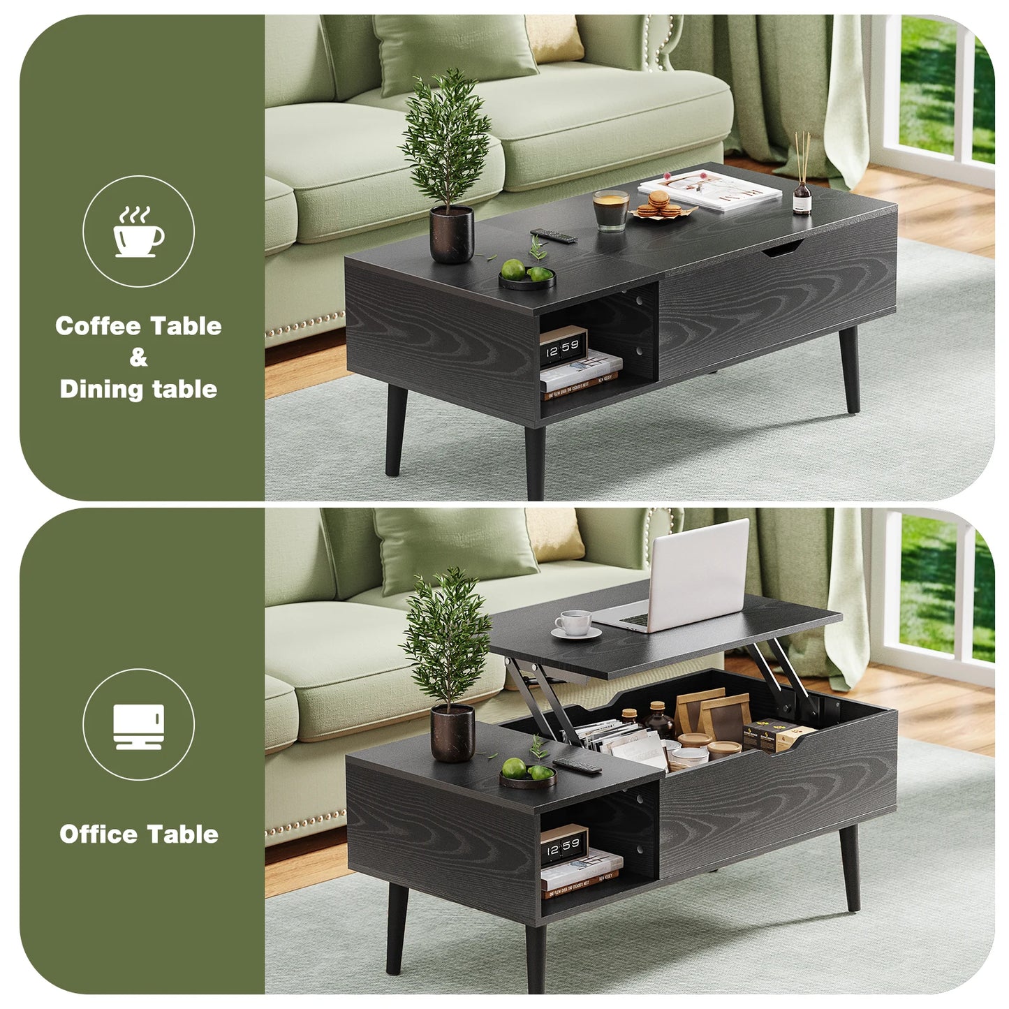Ljustra Lift Top Coffee Table Modern Adjustable Storage Living Room 39.37"x19.7"