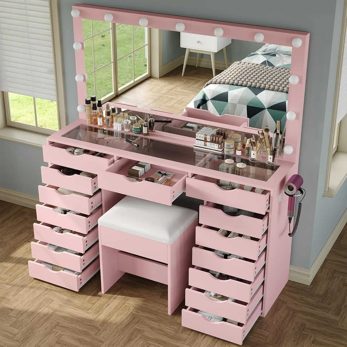 Vanity Desk with Mirror Lights Makeup Table Charging Station 15 Drawers