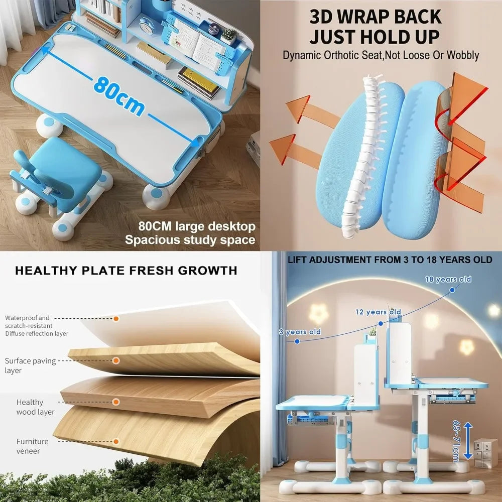 Kids Height Adjustable Study Desk Chair Set with Sitting Corrector