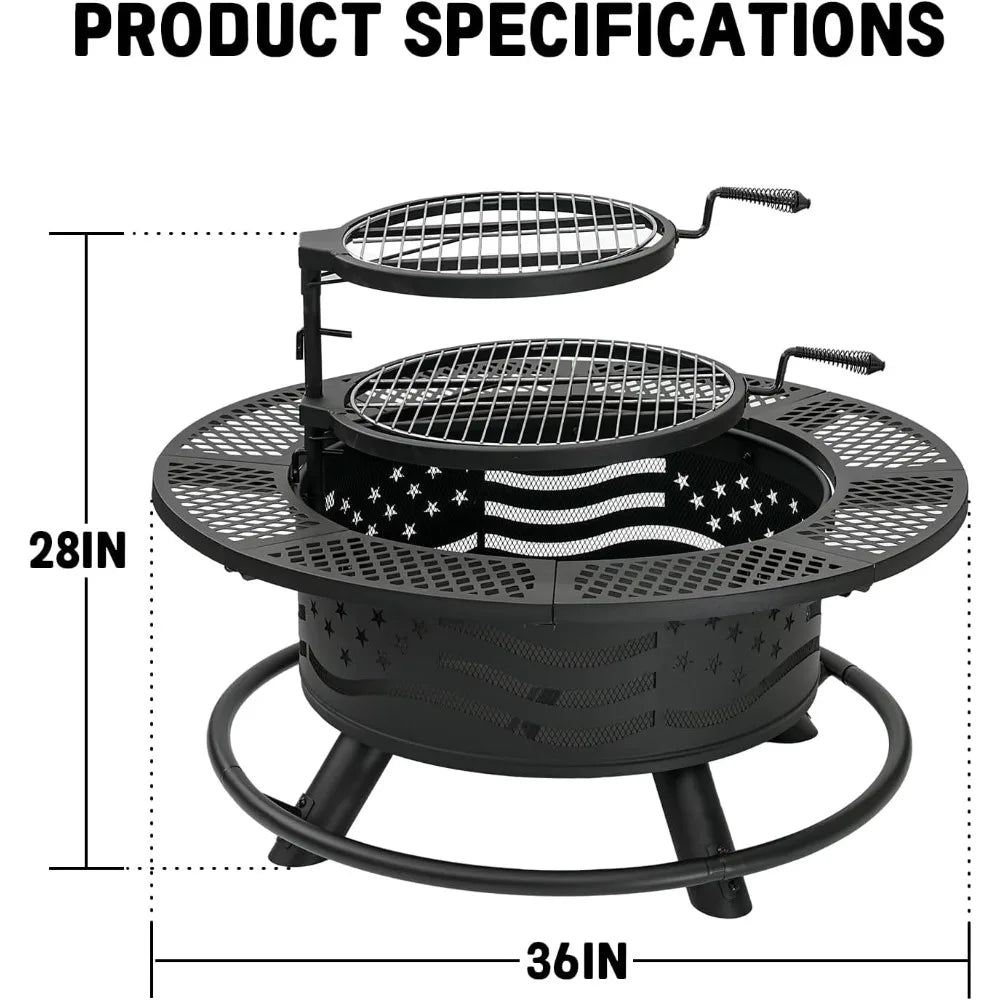 36 Inch Fire Pit with Cooking Grates Outdoor Wood Burning BBQ Grill