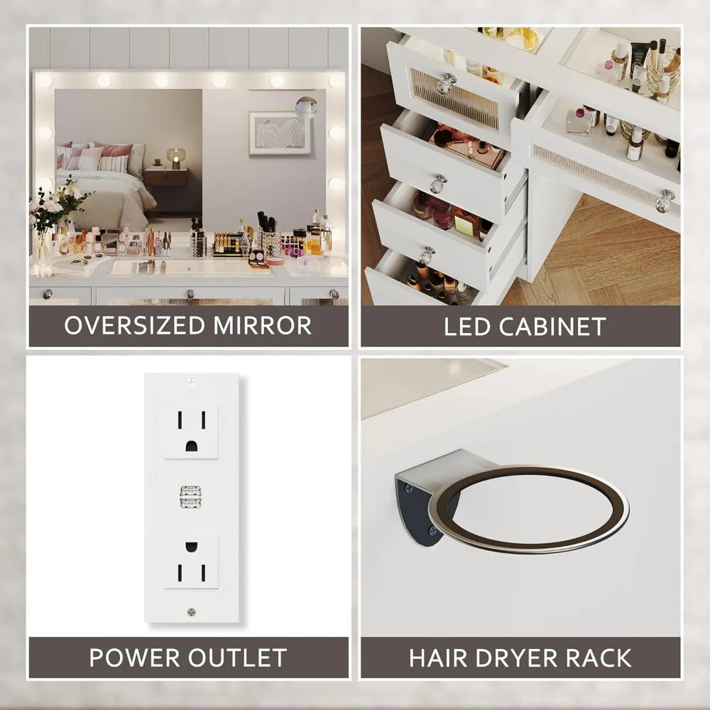 9 Drawers Vanity Desk with Large Mirror and Lights for Makeup