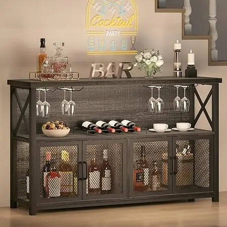 Industrial Coffee Bar Cabinet Farmhouse Wine Storage Sideboard Organizer