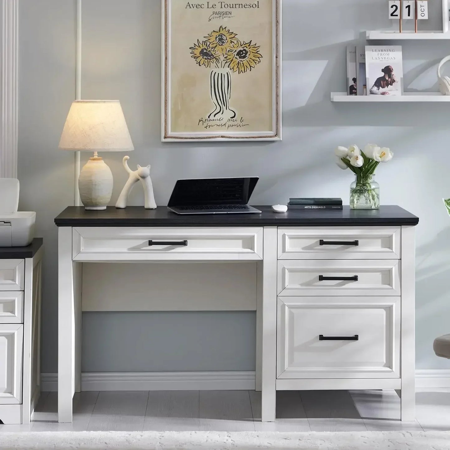 53 Inch Home Office Desk with File Cabinet Modern Farmhouse Computer Desk