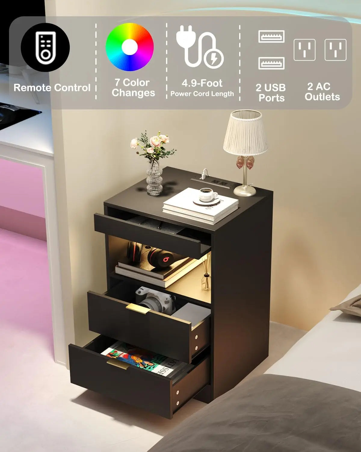 LED Nightstand with Charging Station and Drawers for Bedroom Decor