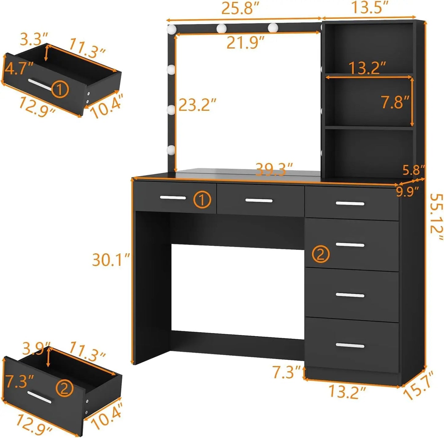 Vanity Desk with Lighted Mirror and Power Outlet Makeup Table 6 Drawers