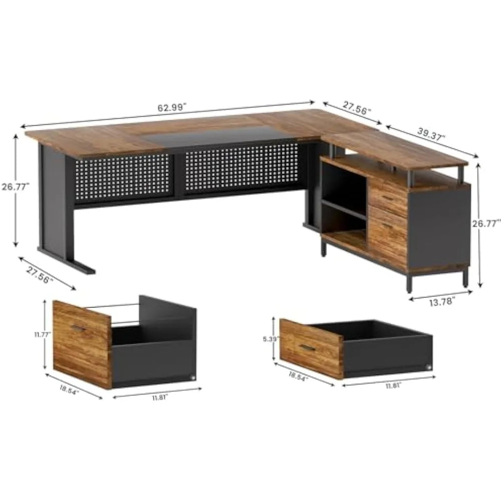 L-Shaped Executive Office Desk with File Drawer and Storage Shelves